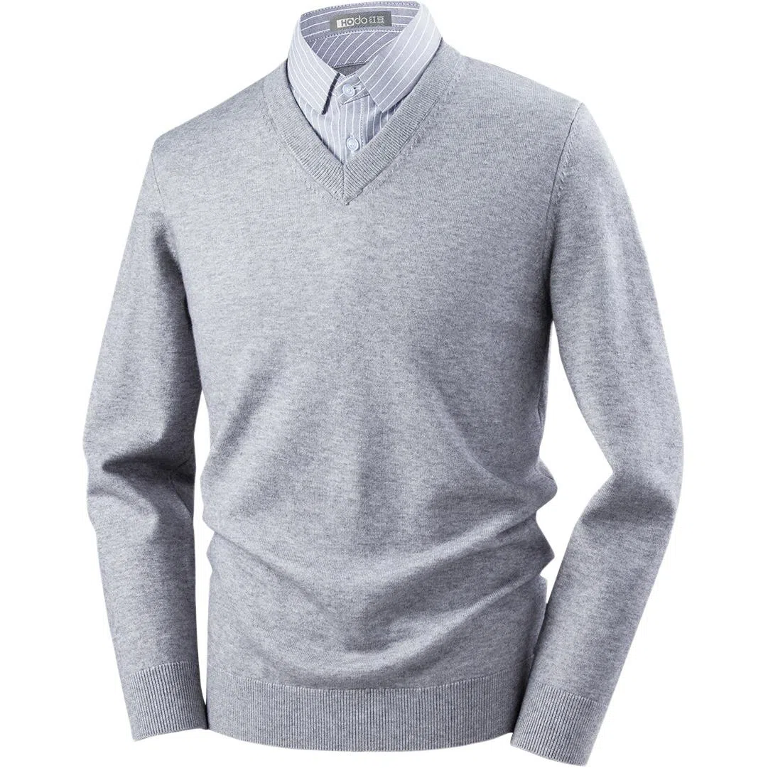 红豆 厚实保暖绵羊毛舒适衬衫领假两件秋冬针织衫内搭打底衫上衣毛衣 男款