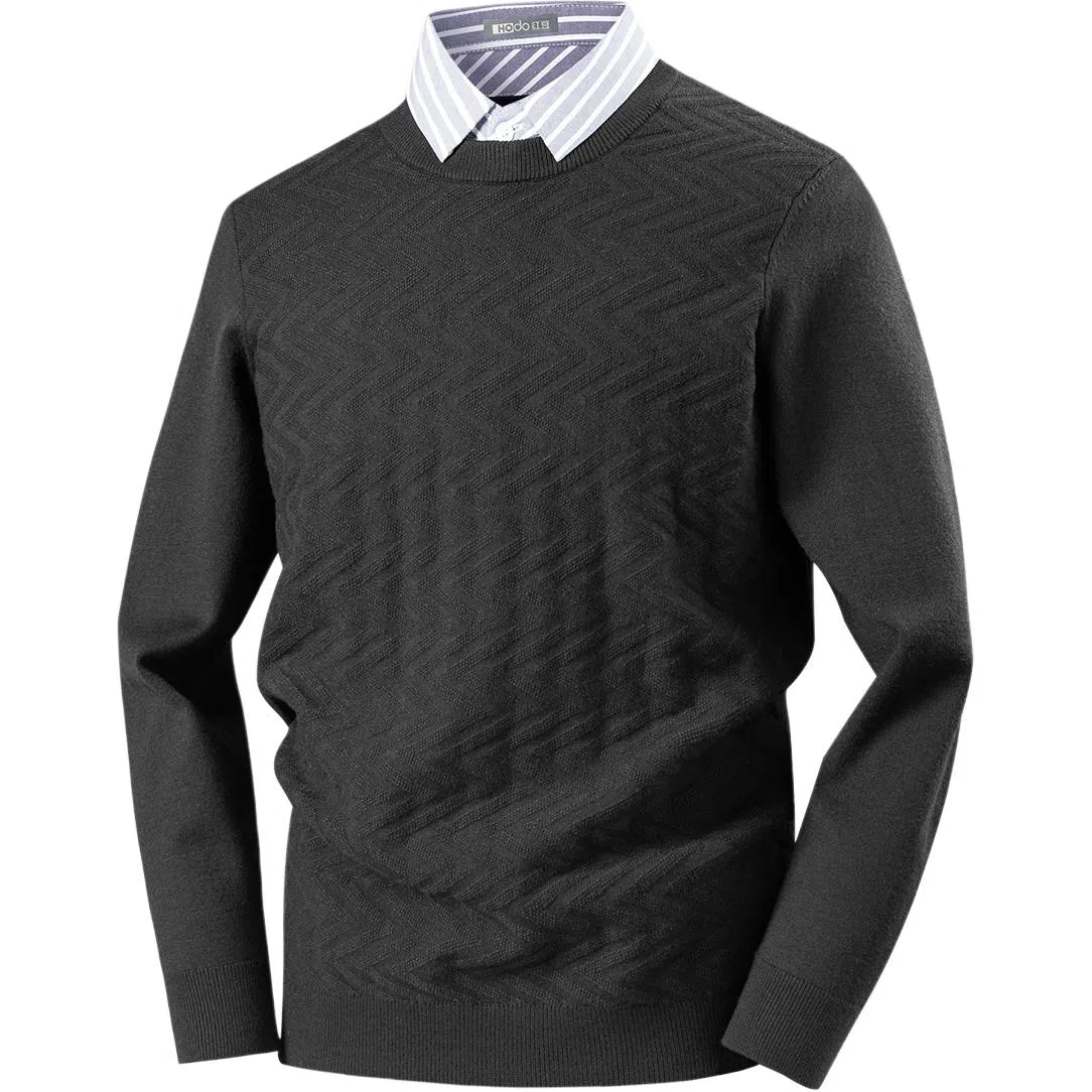 红豆 重磅厚款保暖高档提花针织衫衬衫领假两件秋冬打底衫上衣毛衣 男款