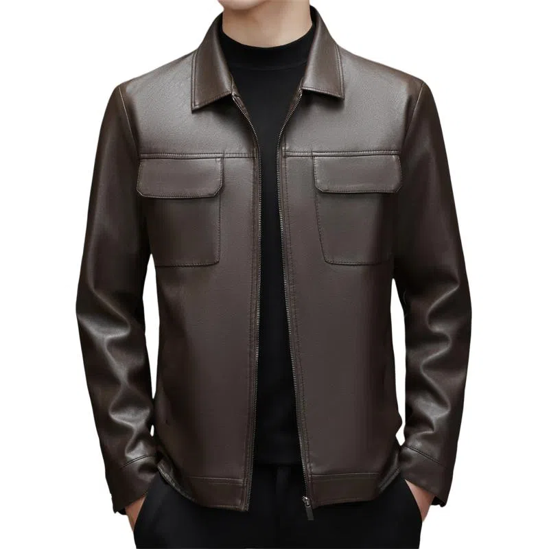 男士春秋休闲工装纯色防风翻领皮夹克外套皮衣 男款