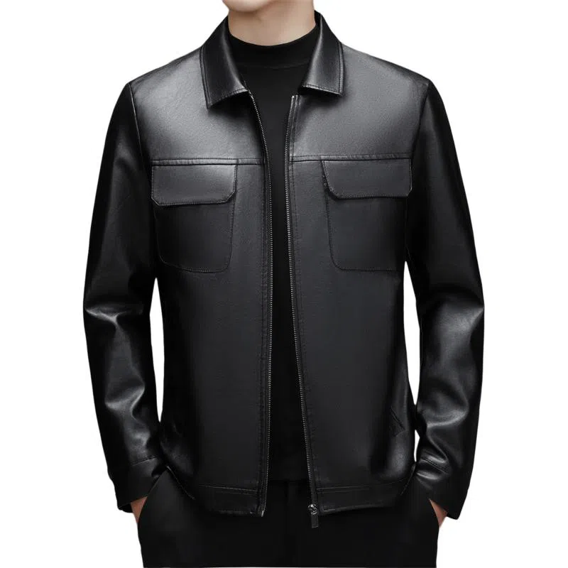 男士春秋休闲工装纯色防风翻领皮夹克外套皮衣 男款