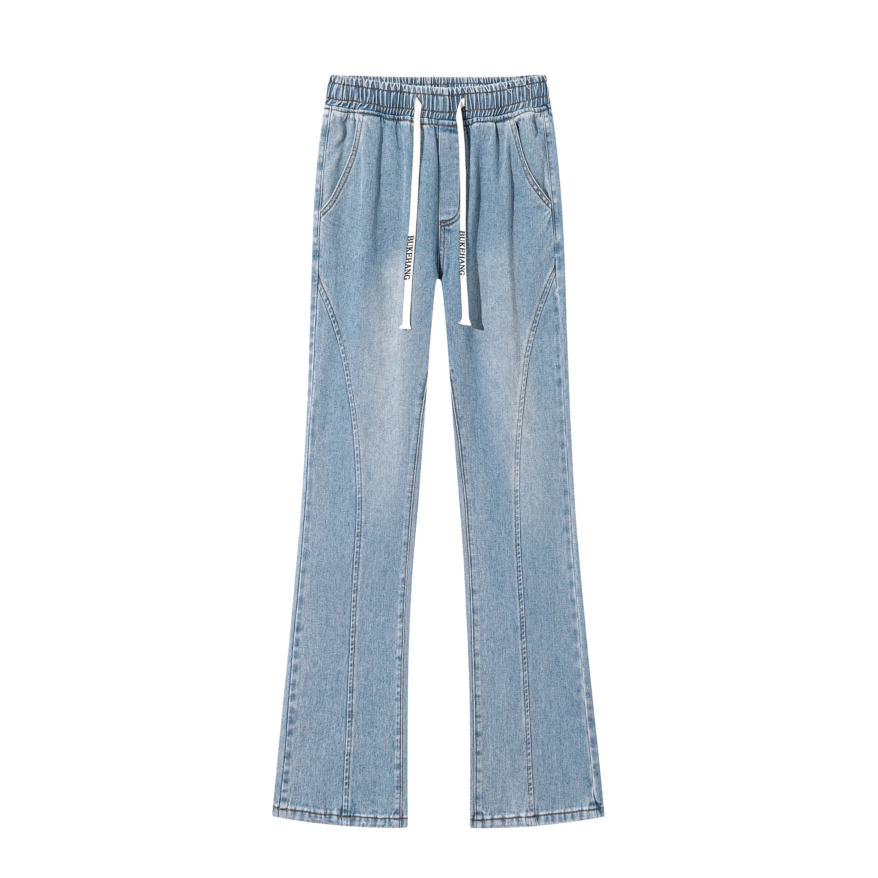 【分割拼接微喇显高显瘦】布客行 美式高街修身复古水洗做旧磨白亲肤柔软透气抽绳系带休闲百搭长裤子废土风直筒垂感阔腿牛仔裤 男女同款