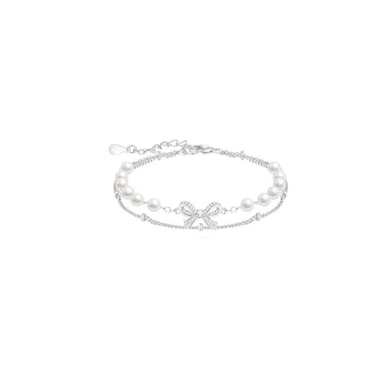 清脆小溪 双层蝴蝶结珍珠叠戴轻奢优雅气质精致小众高级感简约个性百搭潮流#好运 合金 手链 女款