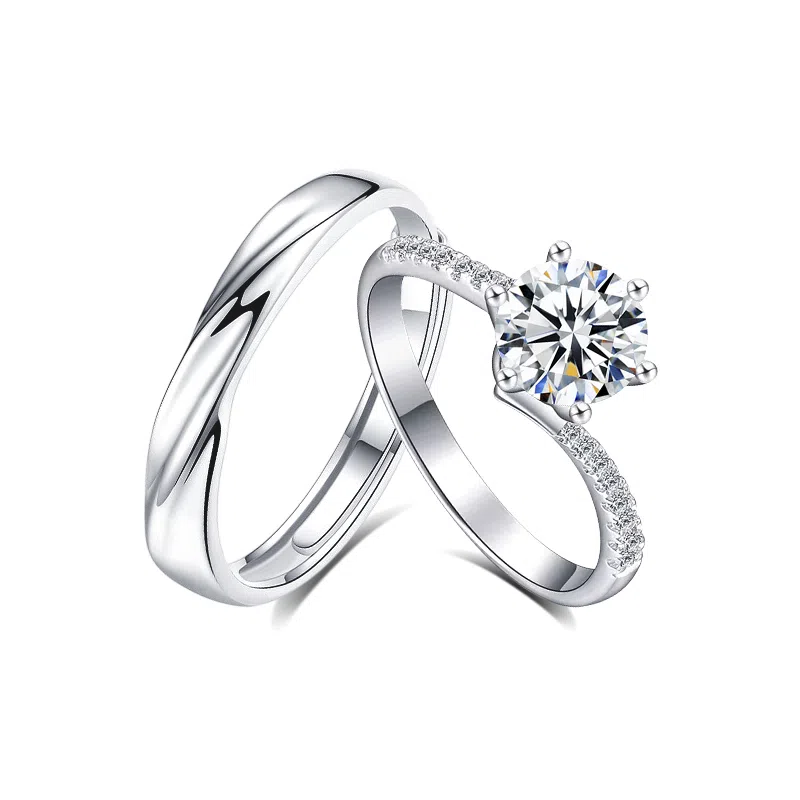 【莫桑钻|999足银】 凤祥囍事 钟爱久久 真情承诺 爆闪一克拉钻戒对戒 素圈可调节 女友 甜蜜告白 轻奢闪耀礼盒 纯银 戒指 男女同款情侣款