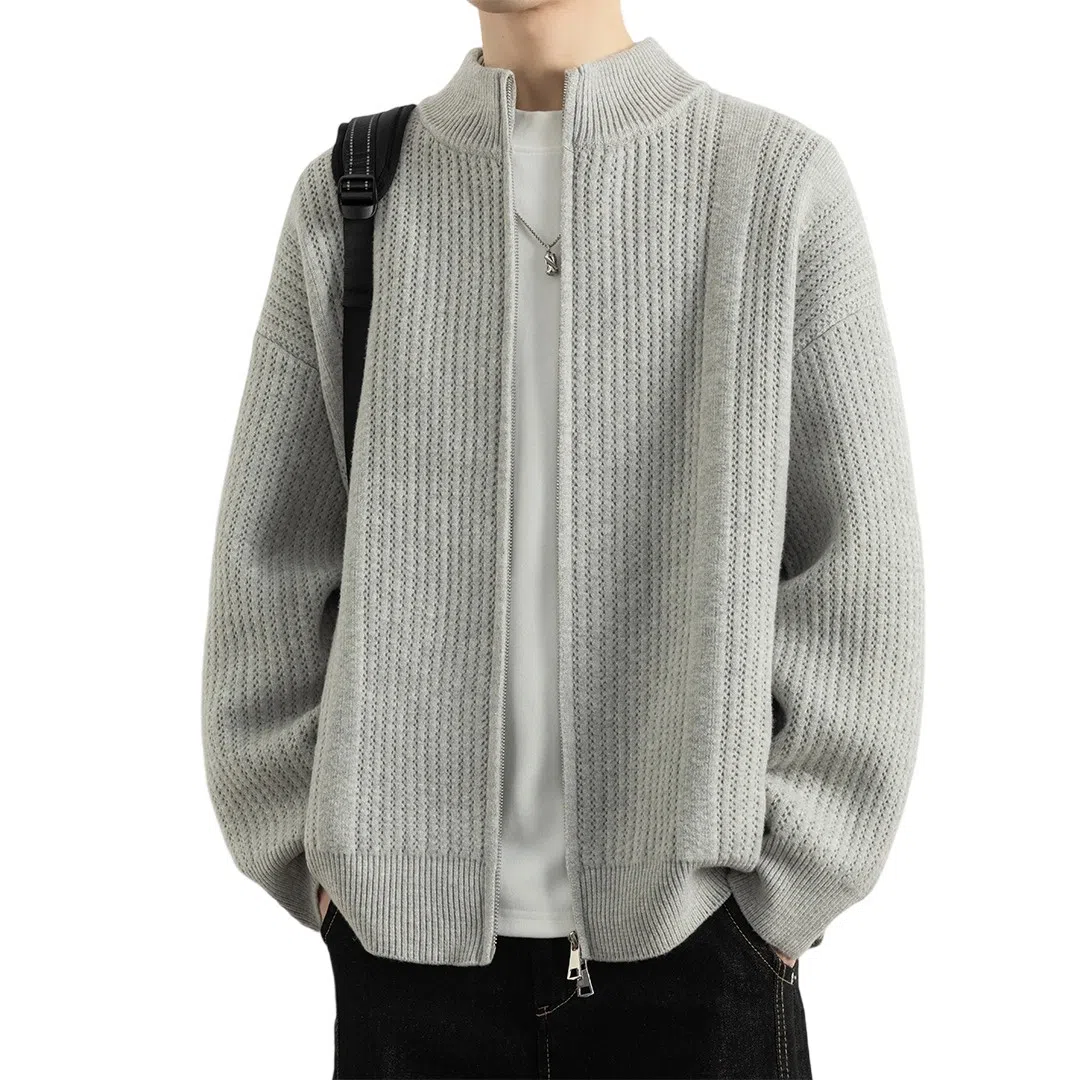 顶峰保罗 日系慵懒风潮牌立领双拉链开衫外套高街百搭无性别主义宽松大码休闲运动纯色上衣显高显瘦轻熟风毛衣 男女同款