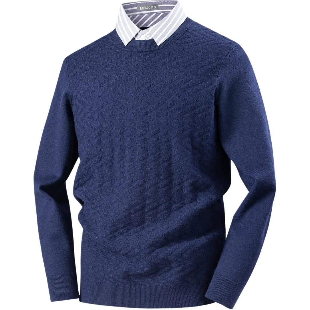 红豆 重磅厚款保暖高档提花针织衫衬衫领假两件秋冬打底衫上衣毛衣 男款