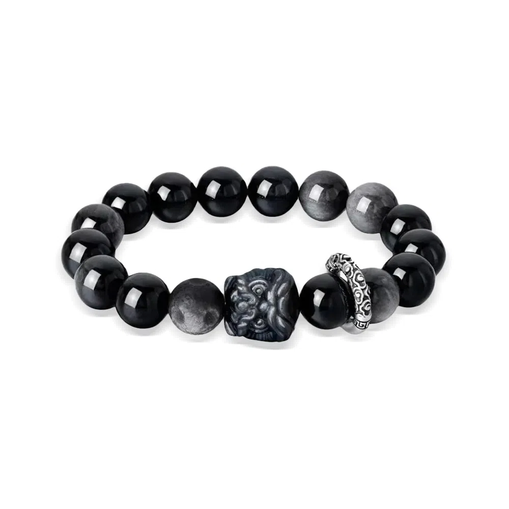 【S999足银纯银 时来运转】 七七银饰 醒狮 暴富发财 幸运守护转运珠 轻奢时尚简约大气 潮流个性 好运 黑曜石 手串 男女同款情侣款