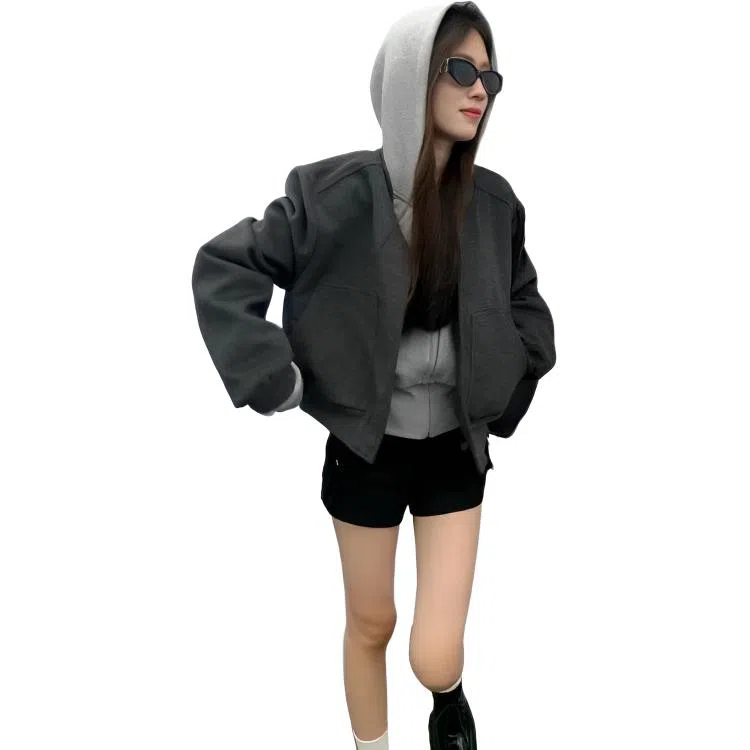 桴生 复古连帽拼接高级感宽松休闲女初秋冬棒球服上衣夹克 女款