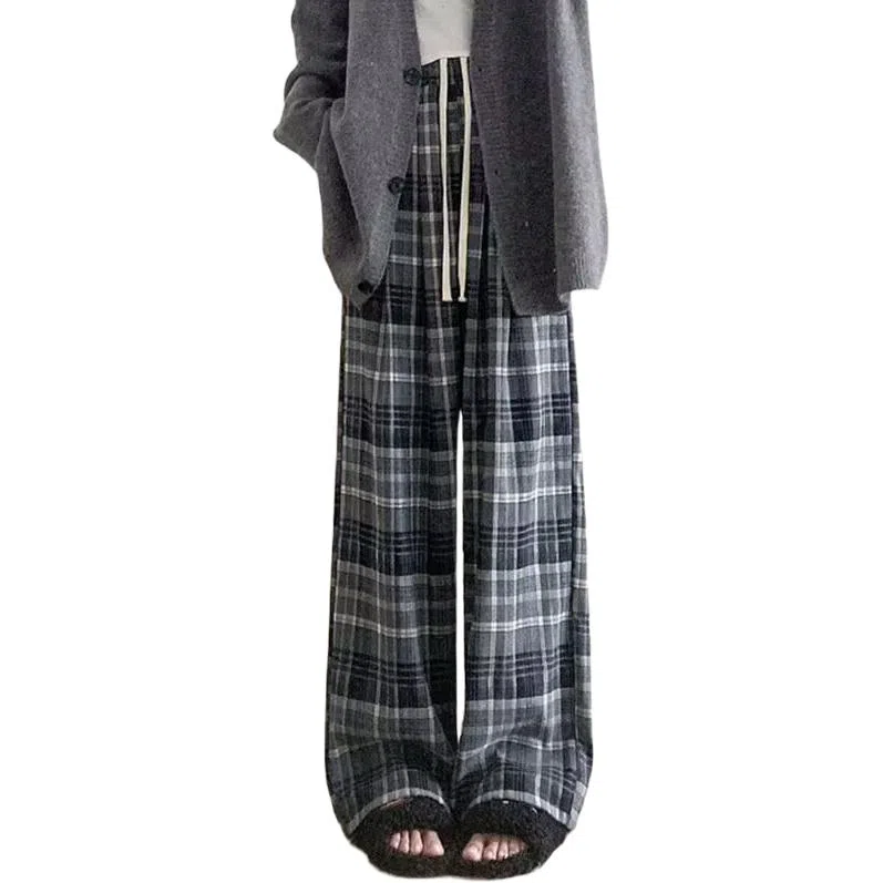 欧迪芬 黄色格子春秋街头风高腰长裤休闲裤 女款