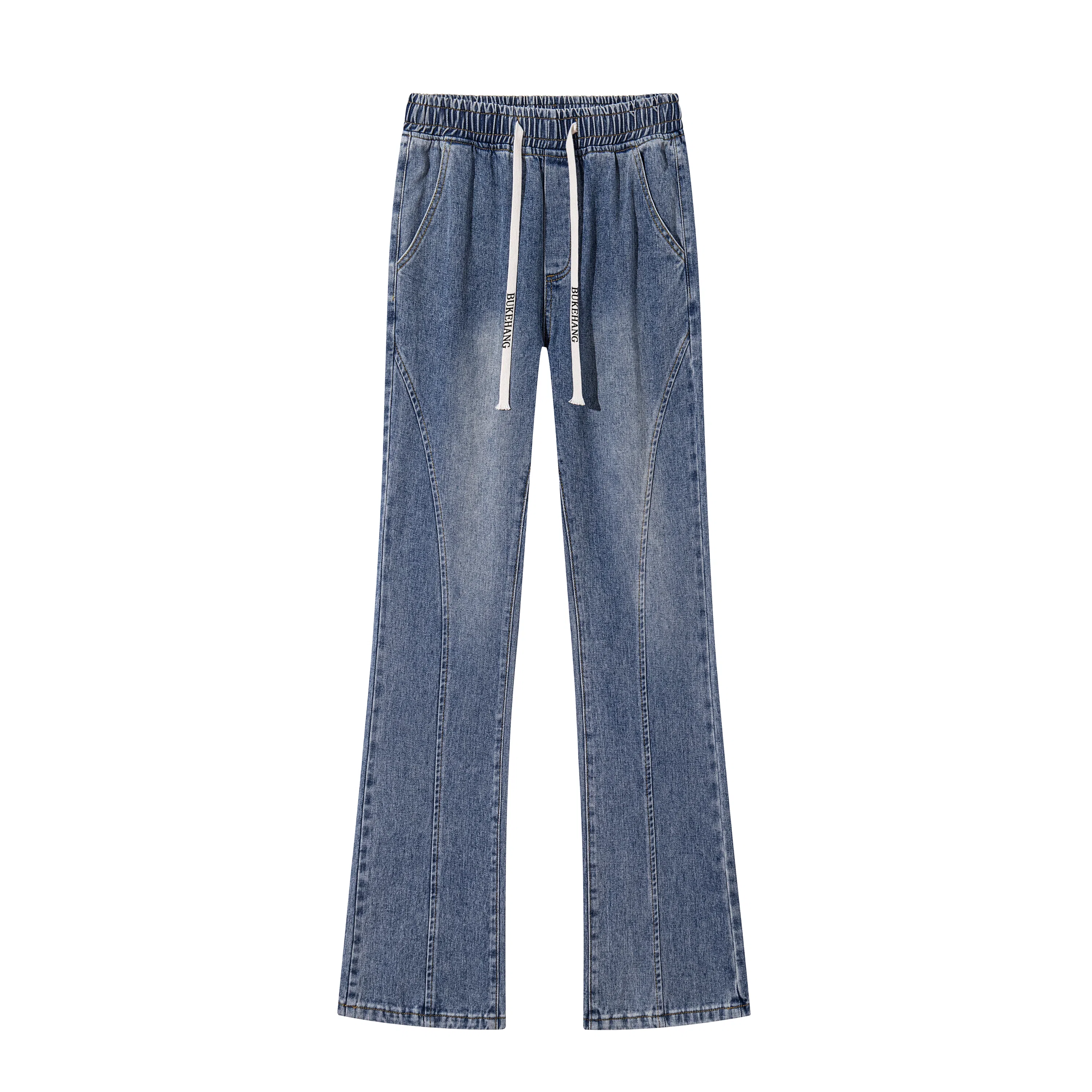 【分割拼接微喇显高显瘦】布客行 美式高街修身复古水洗做旧磨白亲肤柔软透气抽绳系带休闲百搭长裤子废土风直筒垂感阔腿牛仔裤 男女同款