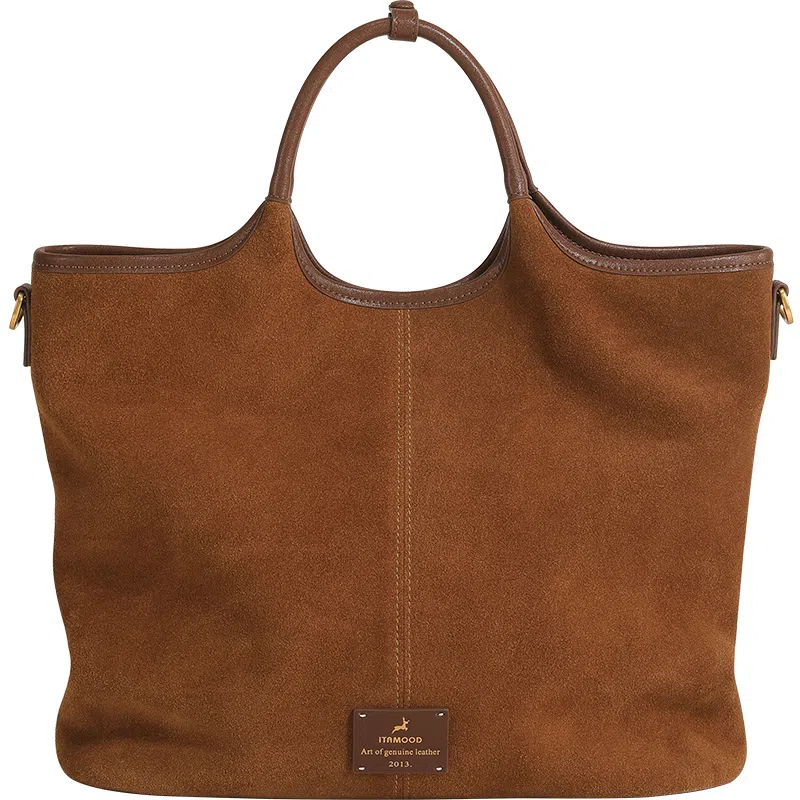 妙迪 秋冬季纯色设计时尚麂皮双面托特包购物袋电脑包 牛皮 手提包 女款 焦糖棕