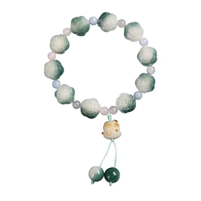 聆听花开 雕刻炭烧招财绕指柔文玩佛珠文雅气质精致复古创意设计好运福气时尚搭配古典韵味高级感小众 菩提根 山茶花手串 男女同款情侣款