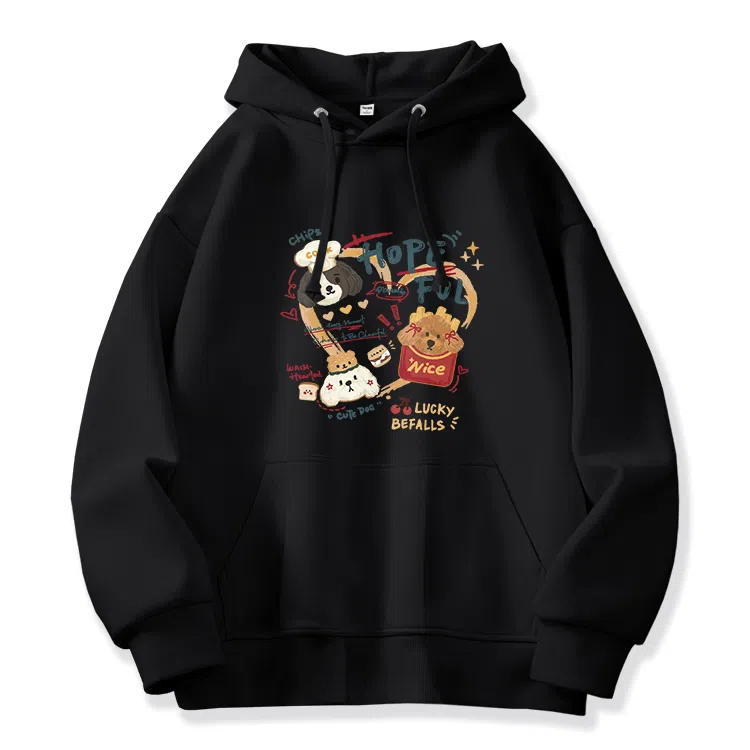 棉致 薯条小狗涂鸦潮流百搭时尚简约舒适柔软圆领套头连帽长袖卫衣 女款