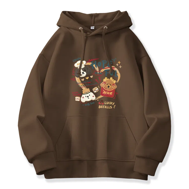 棉致 薯条小狗涂鸦潮流百搭时尚简约舒适柔软圆领套头连帽长袖卫衣 女款