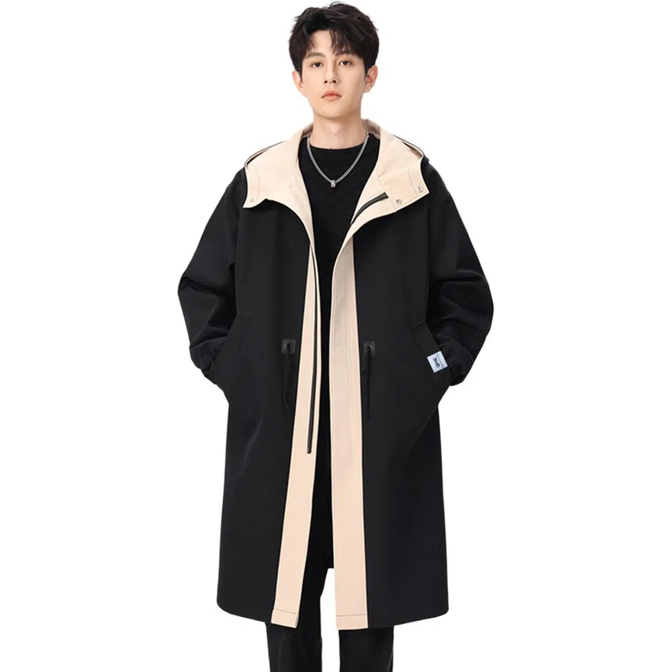 【dme】 潮流时尚撞色拼接宽松连帽中长款工装大衣男春秋简约设计假两件休闲风衣外套 男女同款