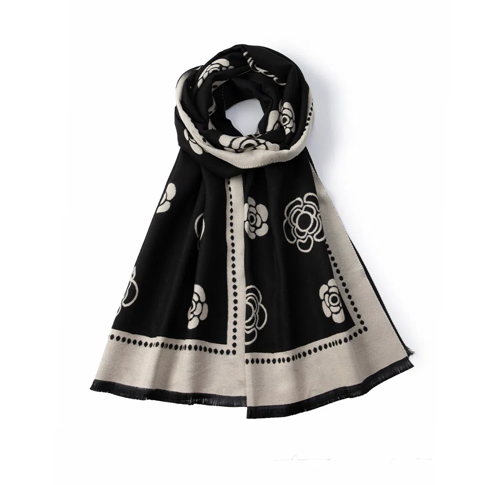 红豆 秋冬保暖山茶花小香风加厚 聚酯纤维 绒线围巾 男女同款情侣款