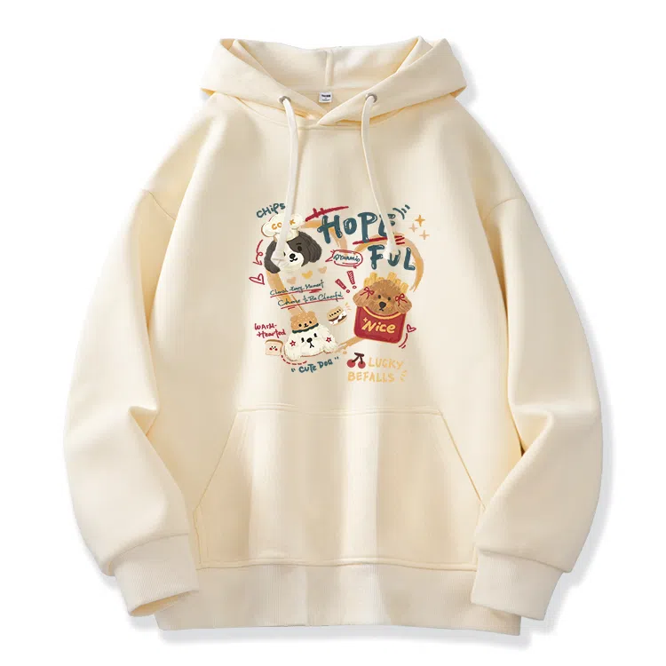 棉致 薯条小狗涂鸦潮流百搭时尚简约舒适柔软圆领套头连帽长袖卫衣 女款