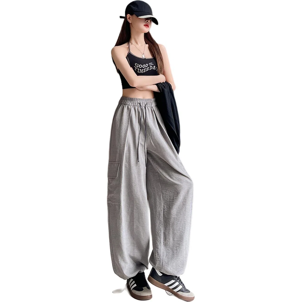 欧迪芬 白灰色春秋美式大口袋抽绳束脚工装裤女士通勤百搭运动阔腿裤宽松休闲冰丝户外登山裤跑步速干运动裤女生舒适时尚显瘦休闲裤 女款