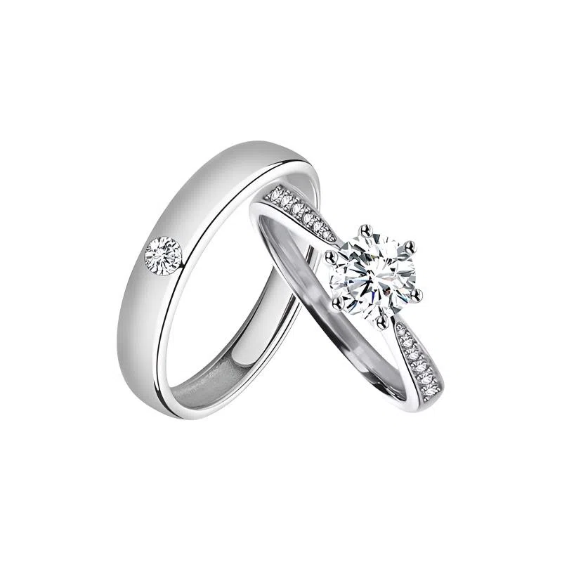 【999足银|莫桑钻】 七好美银 永恒挚爱 经典六爪闪耀对戒 轻奢时尚素圈开口可调节钻戒 恋爱告白约会求婚礼盒 纯银 戒指 男女同款情侣款