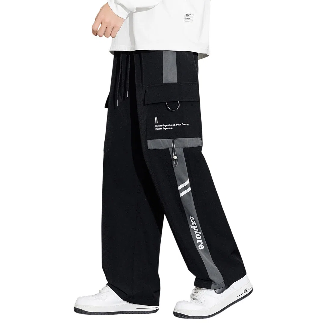 顶峰保罗 美式潮牌条纹拼接工装大口袋伞兵裤无性别主义宽松加肥加大直筒运动长裤简约百搭弹力抽绳显高显瘦高街阔腿垂感休闲裤 男女同款