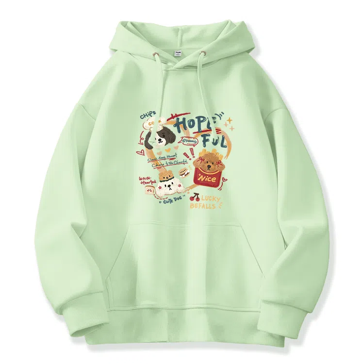 棉致 薯条小狗涂鸦潮流百搭时尚简约舒适柔软圆领套头连帽长袖卫衣 女款