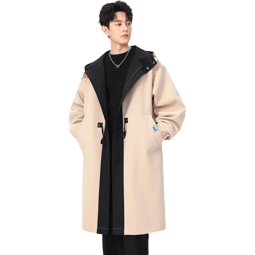 【dme】 潮流时尚撞色拼接宽松连帽中长款工装大衣男春秋简约设计假两件休闲风衣外套 男女同款