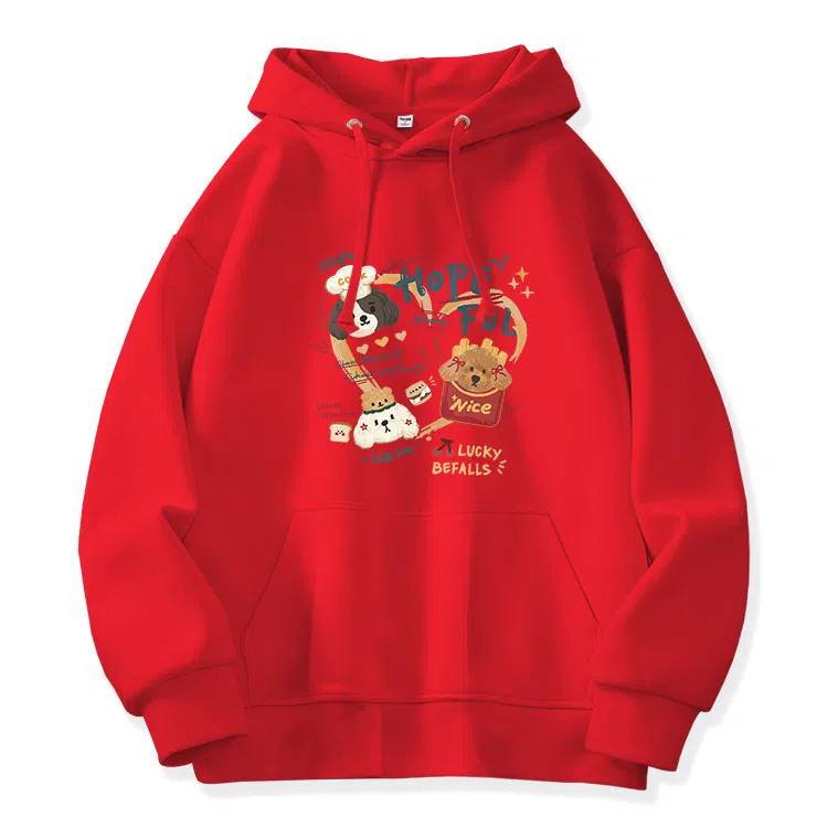 棉致 薯条小狗涂鸦潮流百搭时尚简约舒适柔软圆领套头连帽长袖卫衣 女款