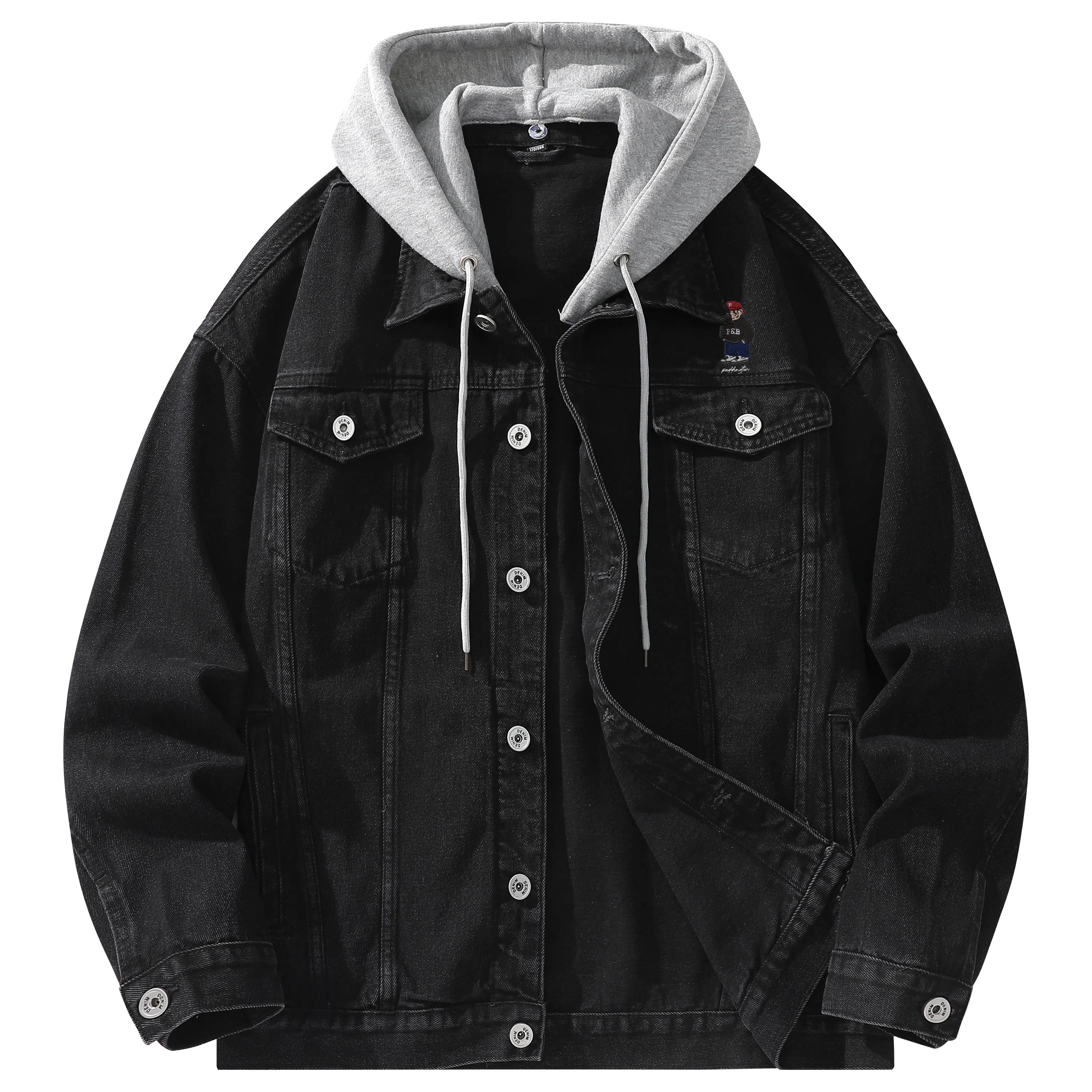 帕丁顿熊 美式复古小熊人物刺绣宽松休闲百搭学院日常穿搭假两件水洗做旧可拆卸连帽牛仔外套 男女同款