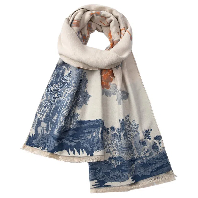 红豆 双面提花国风加厚保暖 聚酯纤维 绒线围巾 男女同款情侣款