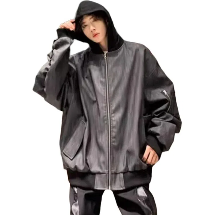 【假两件PU皮外套】布客行 美式高街连帽纹理皮衣宽松舒适嘻哈街头休闲百搭机能风户外长袖拼接层次感飞行员机车风夹克 男女同款