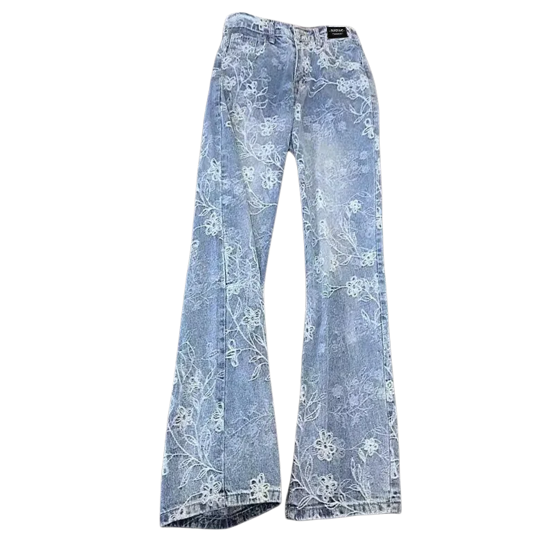 【提花万针刺绣蓝牛】布客行 显高显瘦修身美式高街水洗花卉垂感柔软舒适休闲百搭无性别主义微喇阔腿透气松紧腰直筒牛仔裤 男女同款