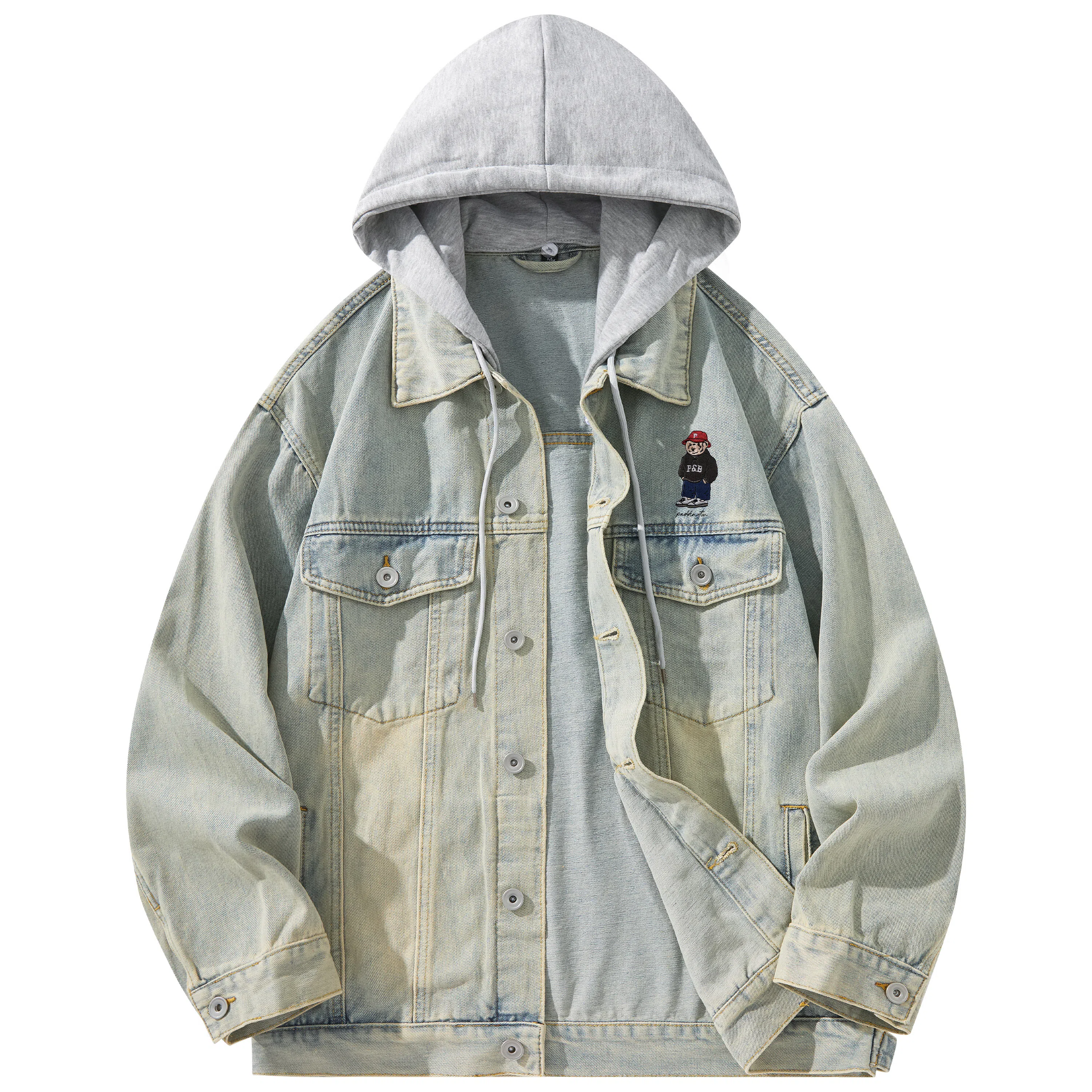 帕丁顿熊 美式复古小熊人物刺绣宽松休闲百搭学院日常穿搭假两件水洗做旧可拆卸连帽牛仔外套 男女同款