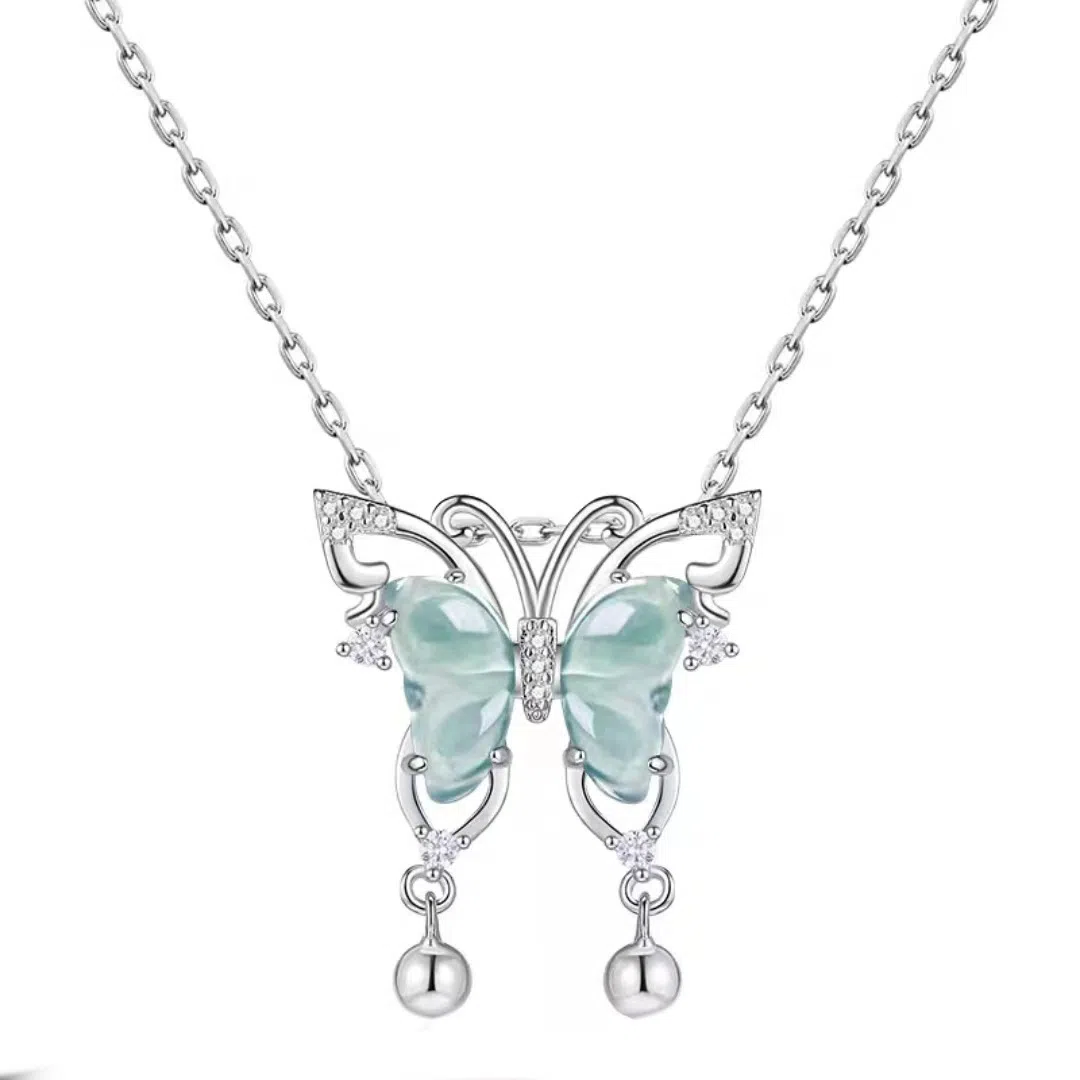 免费刻字 银之岚 蝴蝶吊坠镶钻轻奢潮流锁骨链#好运 玉髓 项链 女款