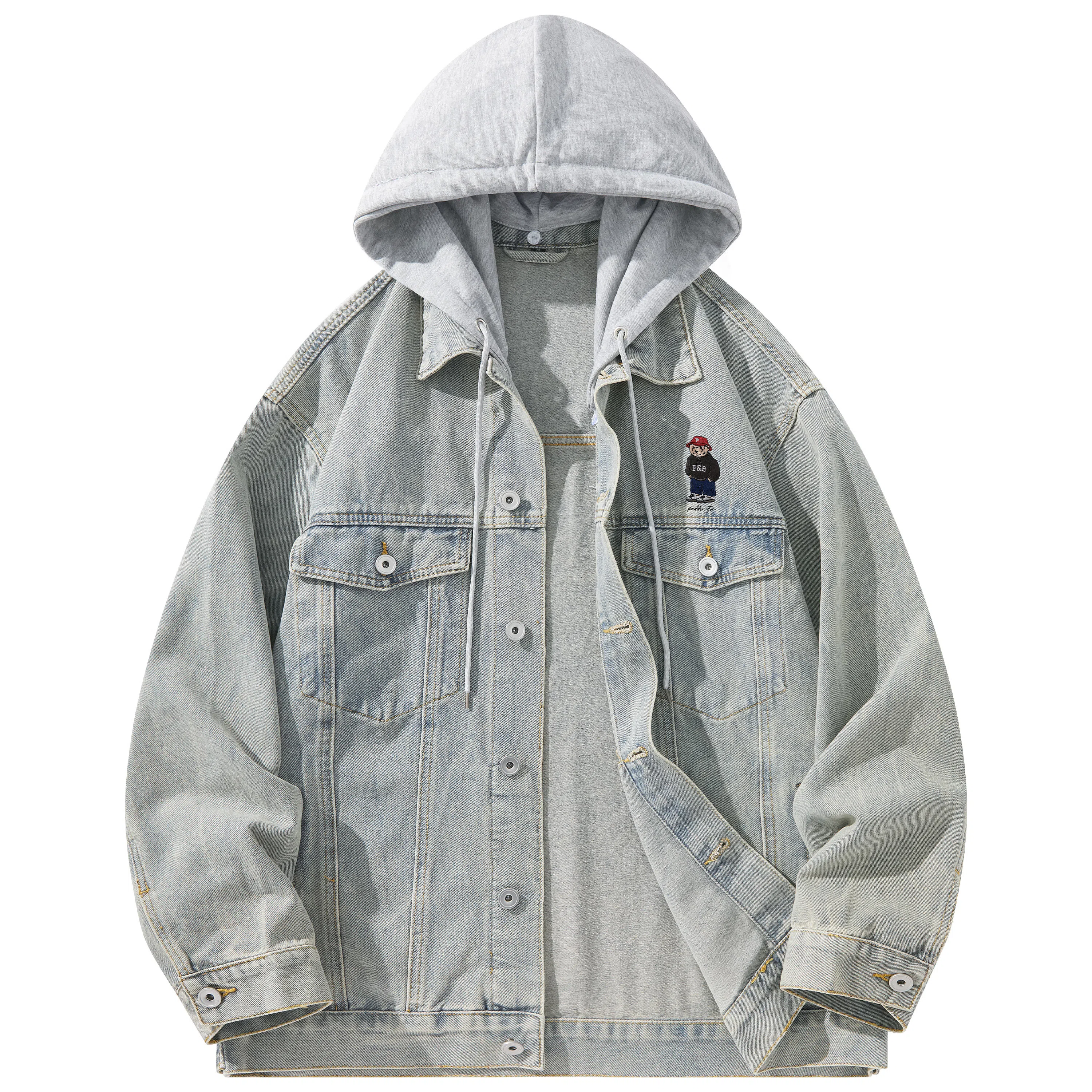 帕丁顿熊 美式复古小熊人物刺绣宽松休闲百搭学院日常穿搭假两件水洗做旧可拆卸连帽牛仔外套 男女同款