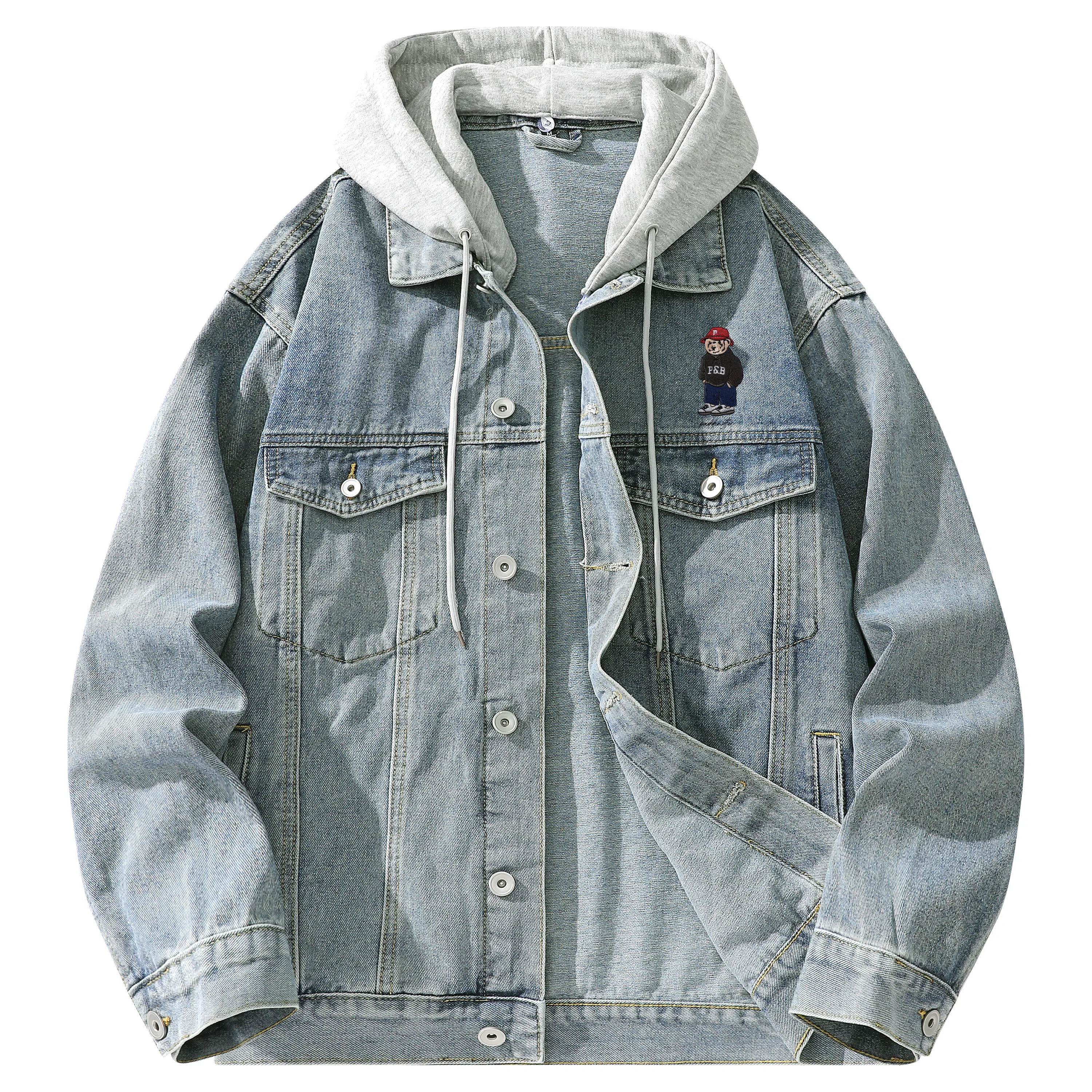 帕丁顿熊 美式复古小熊人物刺绣宽松休闲百搭学院日常穿搭假两件水洗做旧可拆卸连帽牛仔外套 男女同款