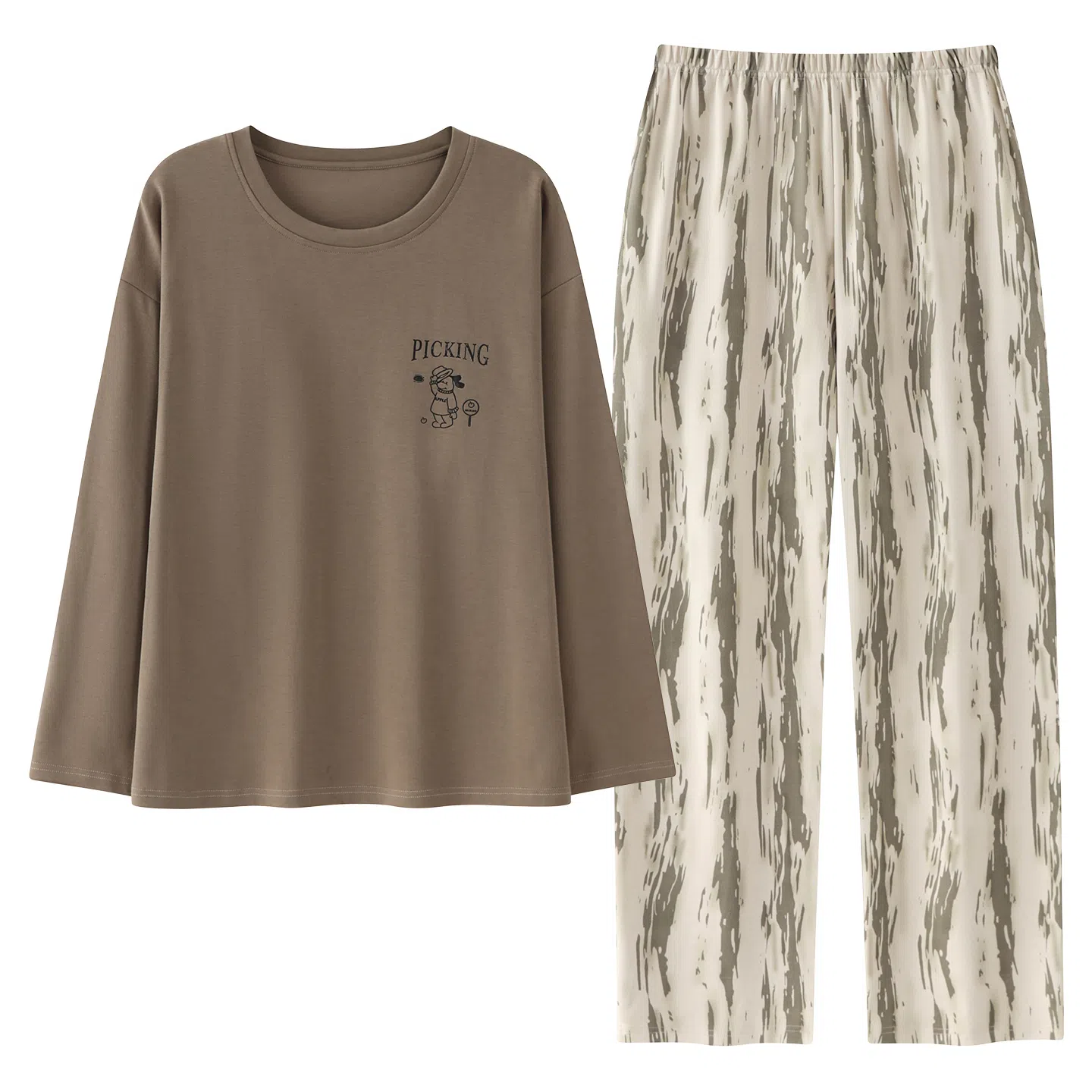 莫代尔 春秋季休闲简约百搭纯棉圆领套头慵懒时尚气质带胸垫防凸点家居服可外穿睡衣套装 女款