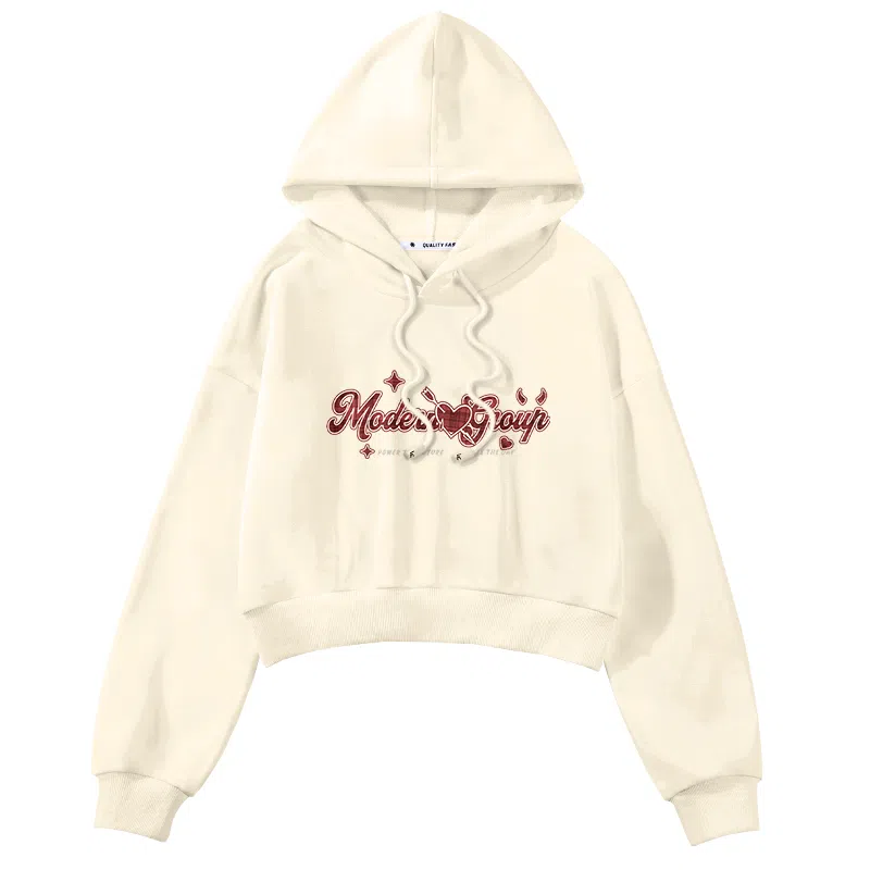 棉致 爱心格纹卡通字母印花潮流百搭时尚创意简约舒适落肩连帽短款长袖卫衣 女款