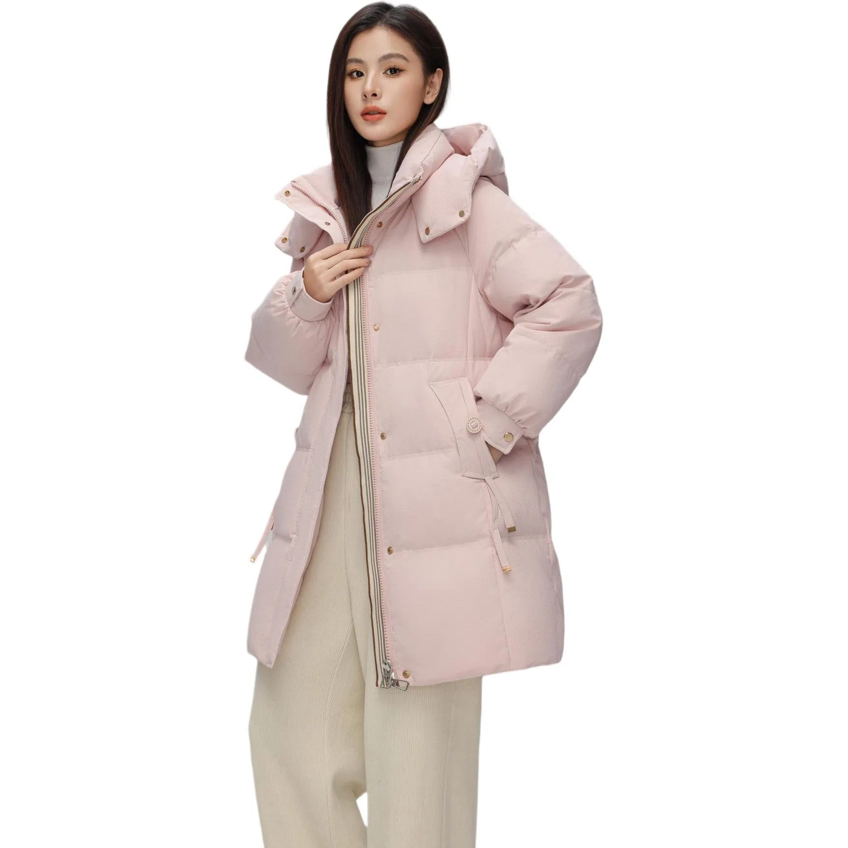 鸭鸭 纯色基础款中长款时尚百搭连帽保暖休闲宽松外套羽绒服 女款