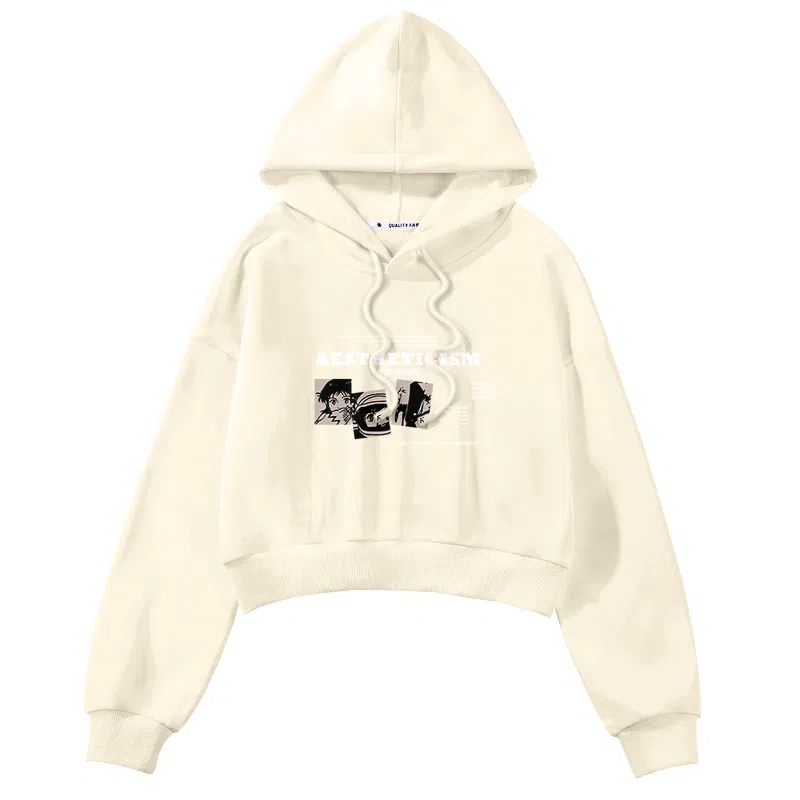 棉致 动漫字母涂鸦潮流百搭创意时尚简约舒适落肩连帽短款长袖卡通卫衣 女款