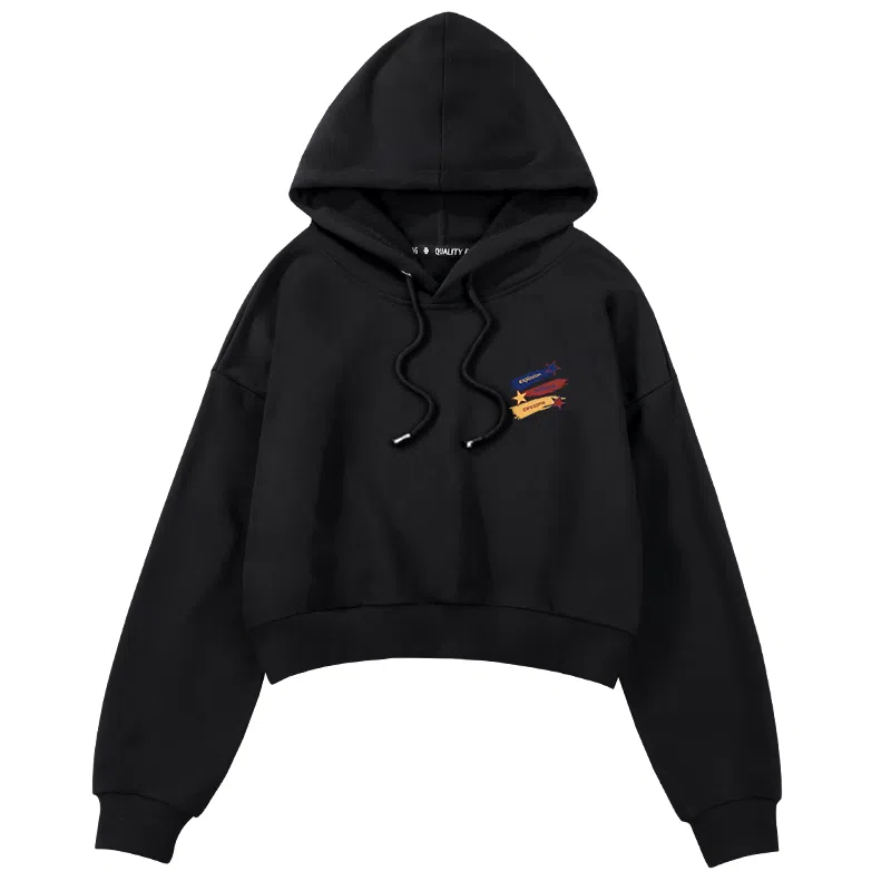 棉致 复古星星涂鸦时尚百搭潮流创意简约舒适落肩连帽短款长袖卡通卫衣 女款