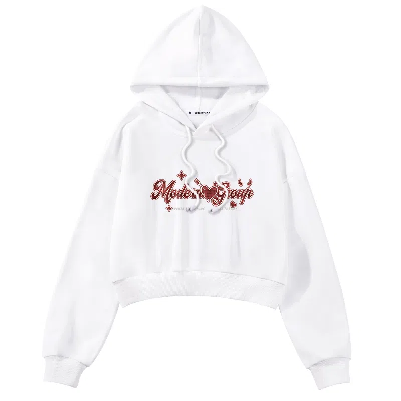 棉致 爱心格纹卡通字母印花潮流百搭时尚创意简约舒适落肩连帽短款长袖卫衣 女款