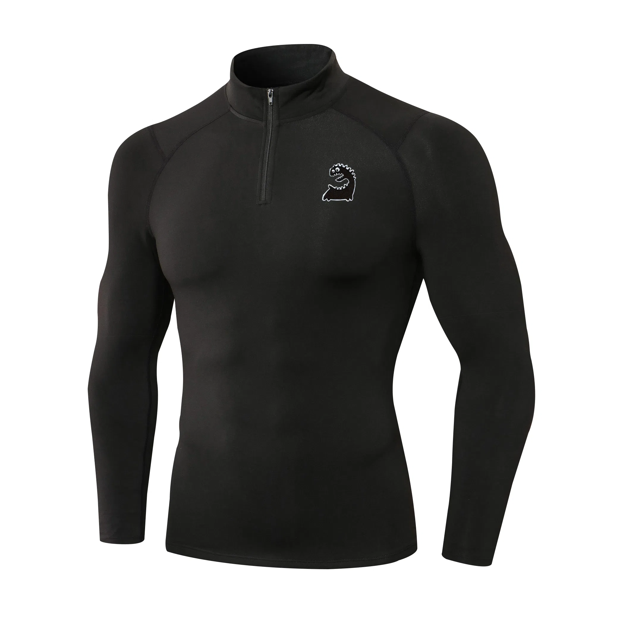 范索米 趣味小怪兽长袖半拉链薄毛绒高弹紧身骑行跑步健身运动立领塑身衣 男款