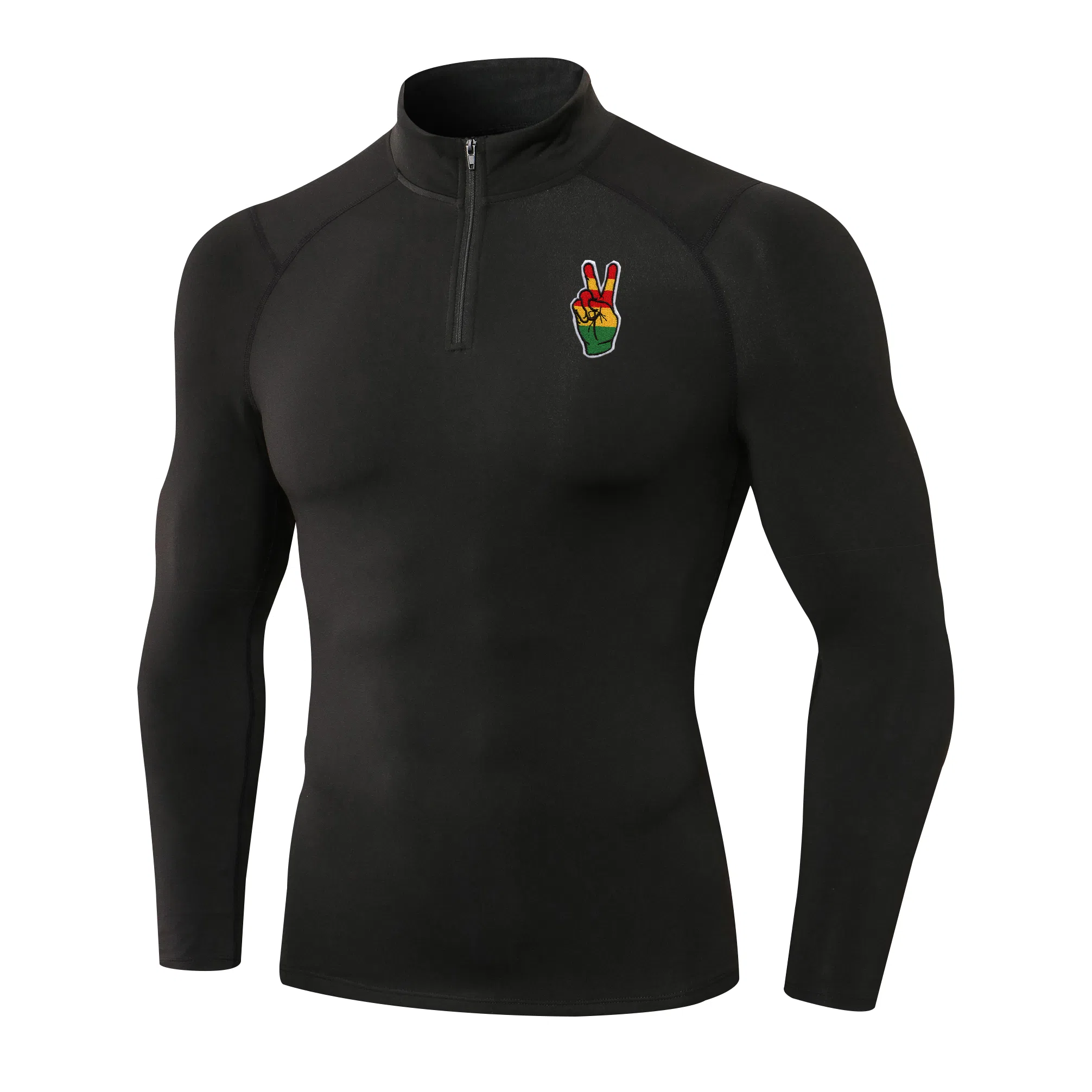 范索米 彩色独立胜利手势长袖半拉链薄毛绒高弹紧身骑行跑步健身运动立领塑身衣 男款