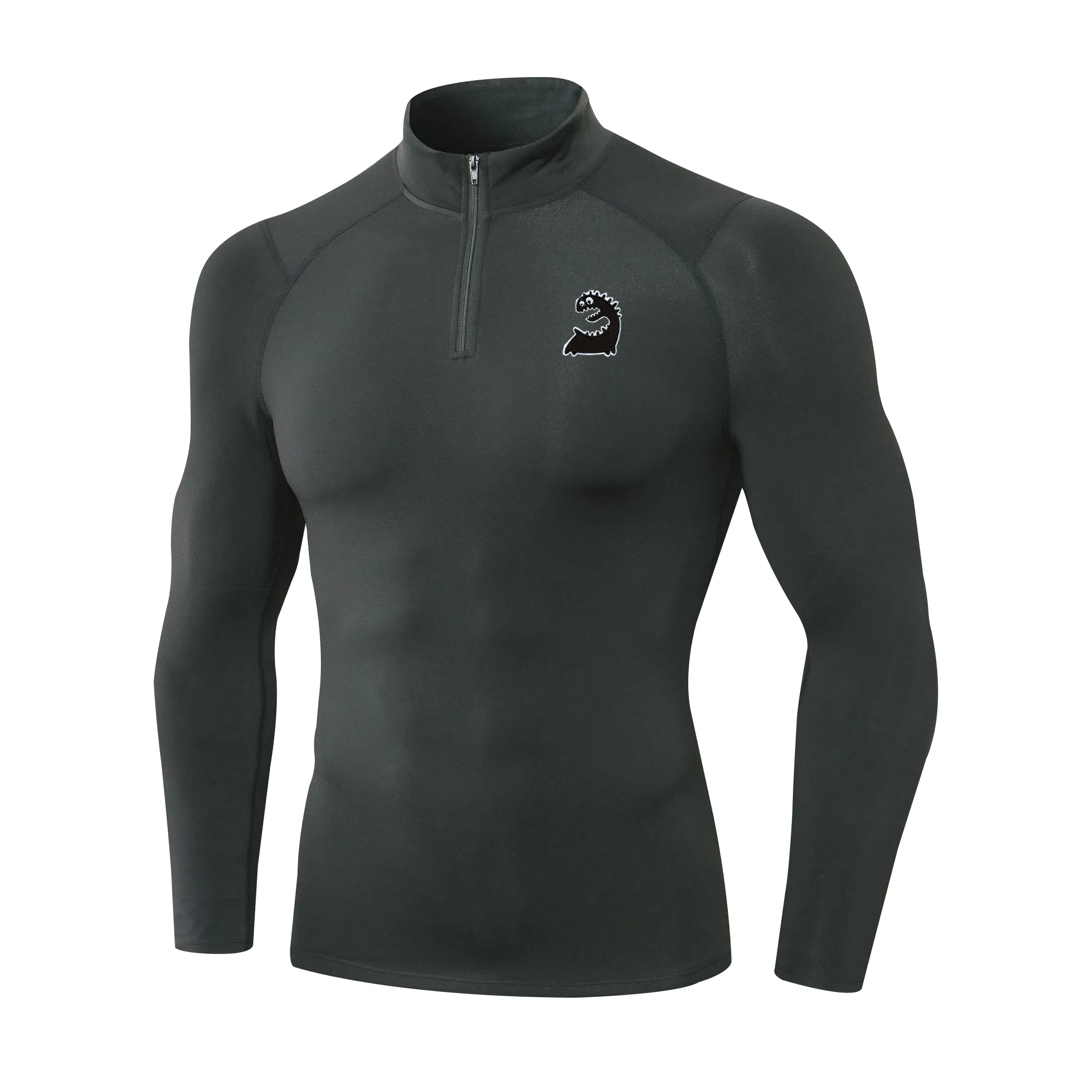 范索米 趣味小怪兽长袖半拉链薄毛绒高弹紧身骑行跑步健身运动立领塑身衣 男款