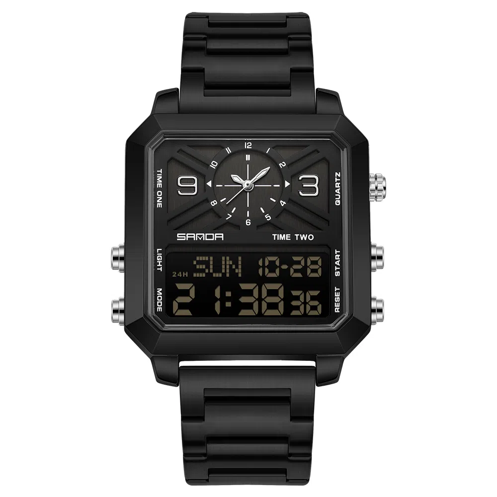 三达 潮流时尚商务方块腕表 电子+石英机芯 钢表带 国表 男表 黑色表盘