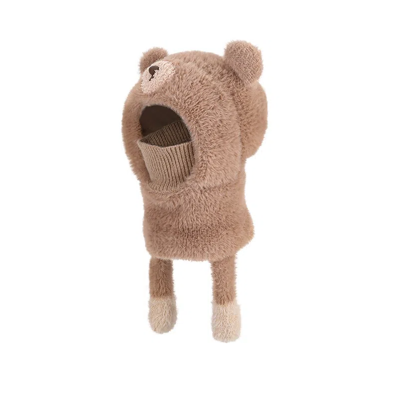 山一丸 卡通可爱小熊面罩围脖一体帽冬季户外毛绒保暖针织帽 涤纶 绒线帽 儿童款