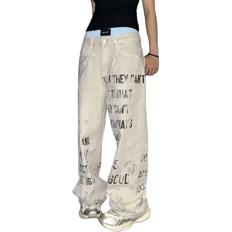 欧迪芬 美式复古脏脏色水洗做旧阔腿裤情侣款字母印花嘻哈休闲直筒长裤牛仔裤 男女同款
