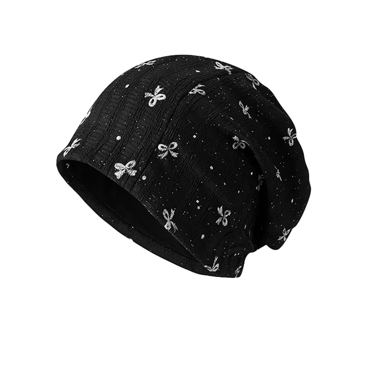 浪莎 日系小香风潮流蝴蝶结印花双层肌理感包头百搭时尚#好运 聚酯纤维 绒线帽 女款