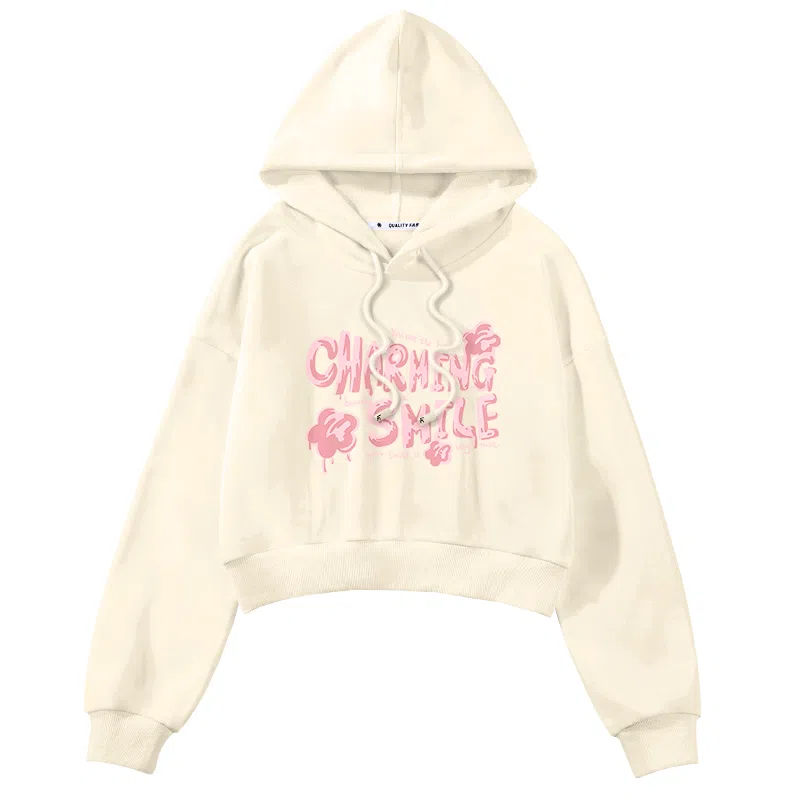 棉致 潮酷字母涂鸦时尚百搭潮流创意简约舒适落肩连帽短款长袖卡通卫衣 女款