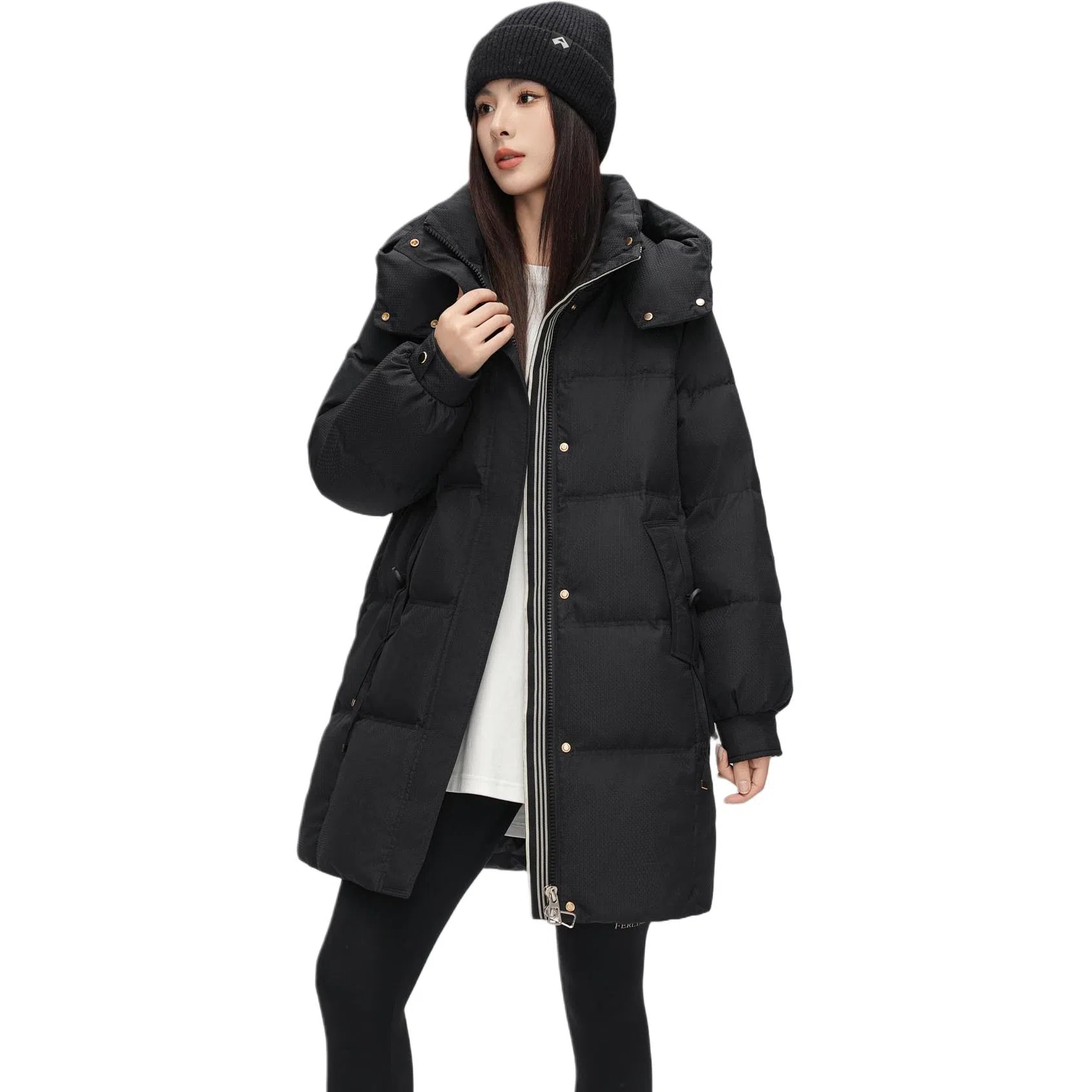 鸭鸭 纯色基础款中长款时尚百搭连帽保暖休闲宽松外套羽绒服 女款