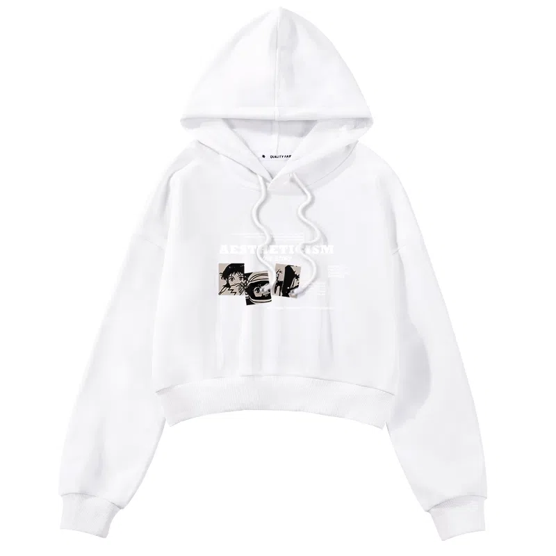 棉致 动漫字母涂鸦潮流百搭创意时尚简约舒适落肩连帽短款长袖卡通卫衣 女款